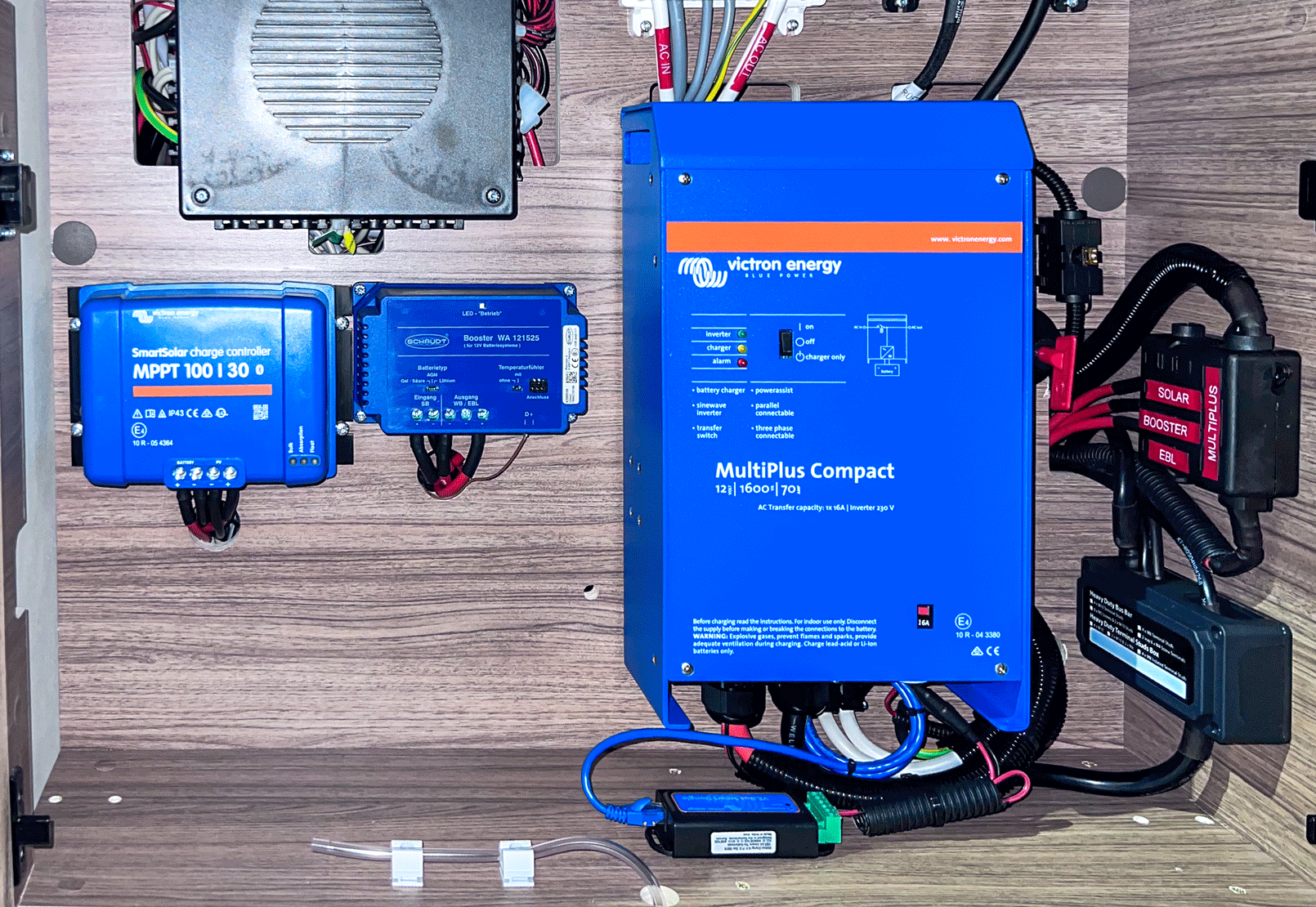 Blaue Victron-Solarstromsystemkomponenten, die in einem Schrank montiert sind.
