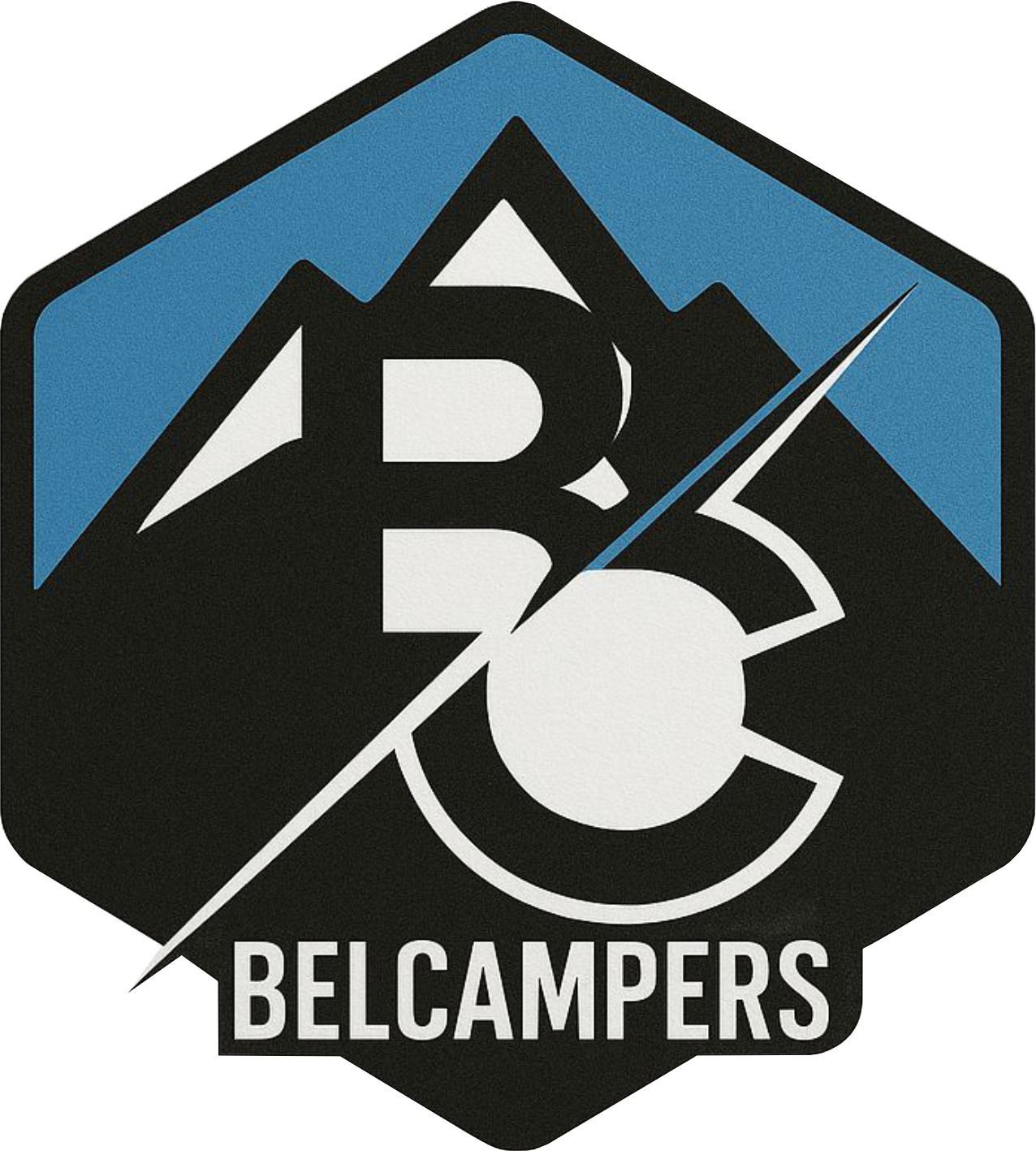 Logotipo de Belcampers: hexágono negro con gráfico de pico de montaña azul,