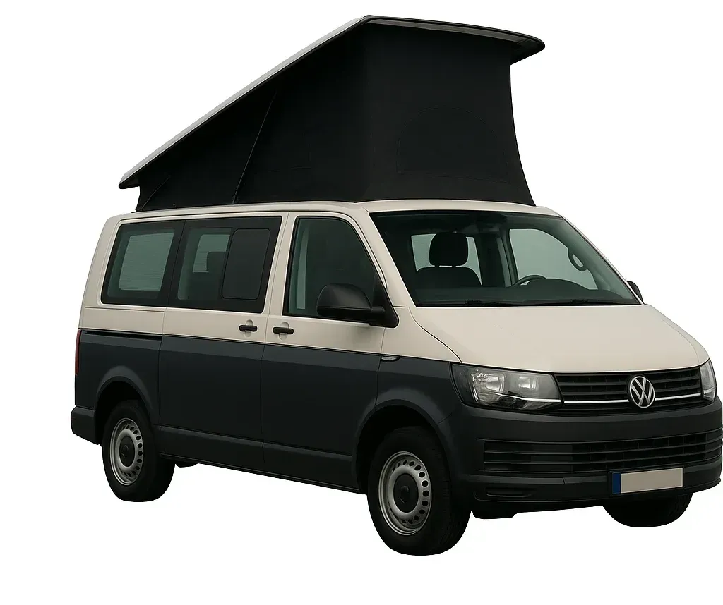 Furgoneta camper bicolor con techo elevable negro, parte superior blanca y parte inferior gris oscuro sobre fondo blanco.