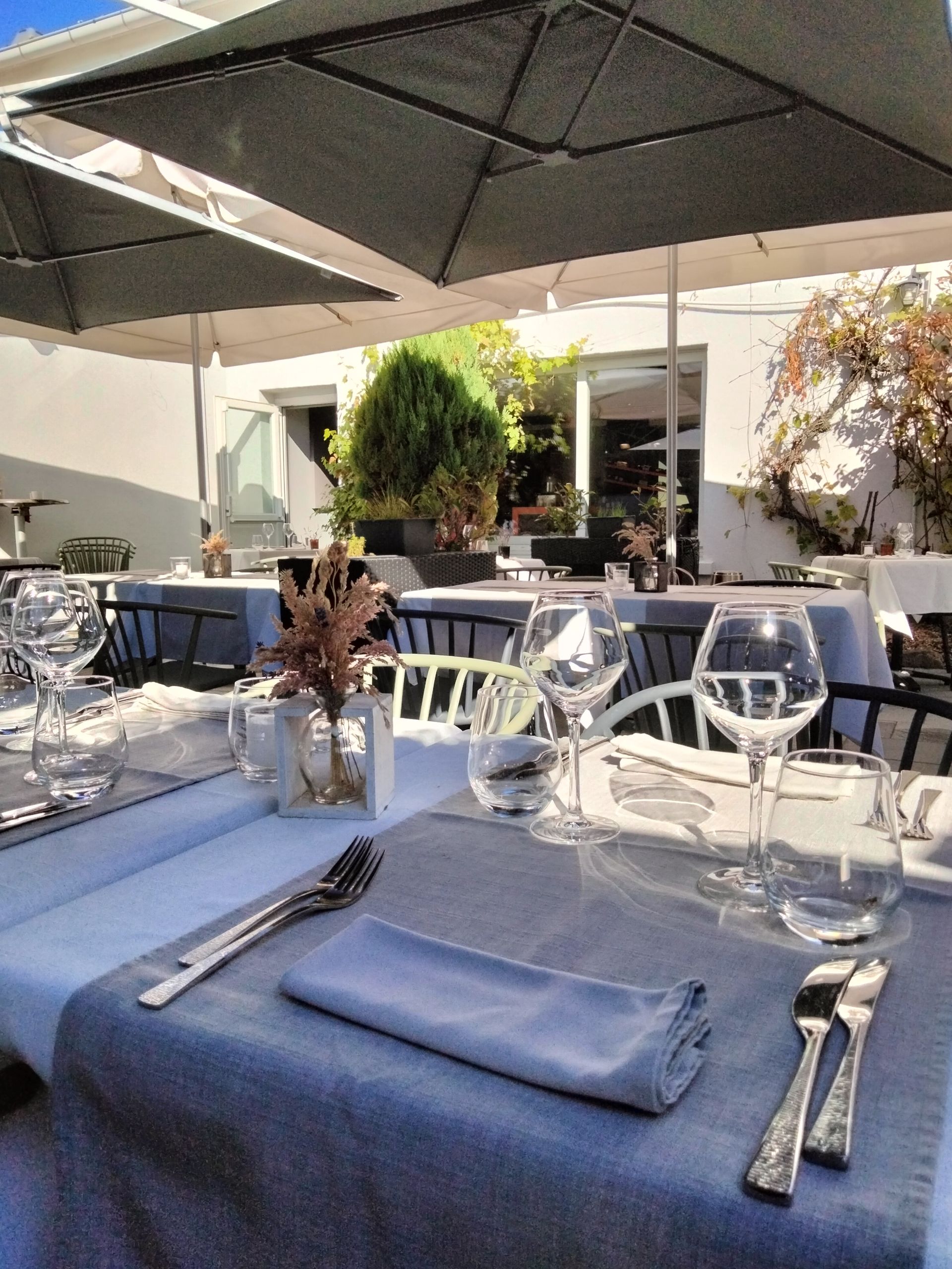Terrasse extérieure de restaurant avec tables recouvertes de nappes bleu clair.
