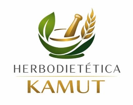 Logotipo de Herbodiet&eacute;tica Kamut con hojas verdes, un mortero y una mano de mortero dorados y trigo sobre un fondo blanco.