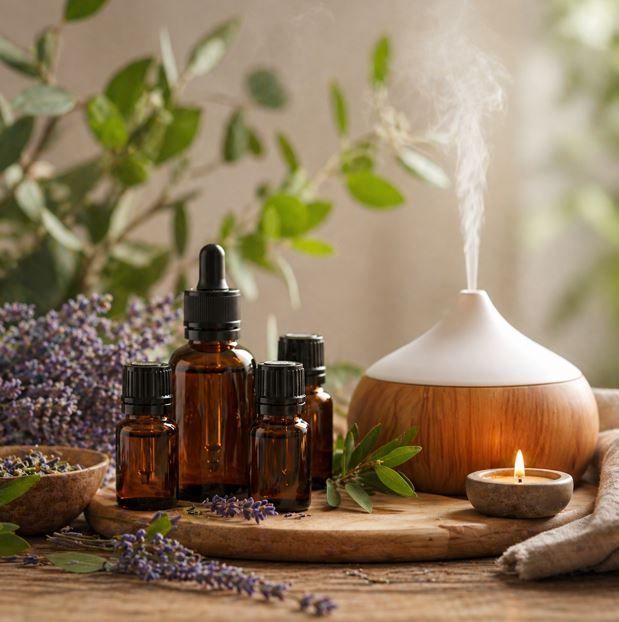 Montaje de aromaterapia con frascos de ámbar, un difusor de vapor y una vela encendida sobre una bandeja de madera.