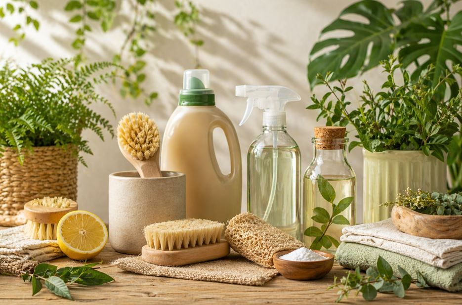 Productos de limpieza ecológicos y cepillos naturales sobre una mesa rústica con limones y plantas verdes.