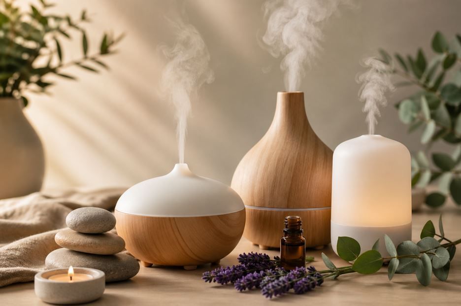 Difusores de aromaterapia, velas, piedras y lavanda sobre una mesa de madera con un suave vapor ascendente.