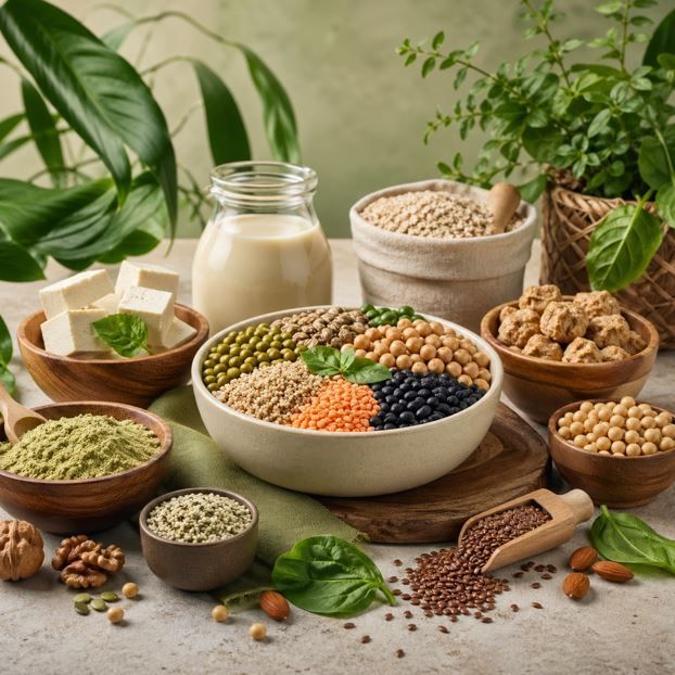 Surtido de legumbres secas, granos y hierbas en cuencos sobre una mesa rústica con hojas verdes y frascos.