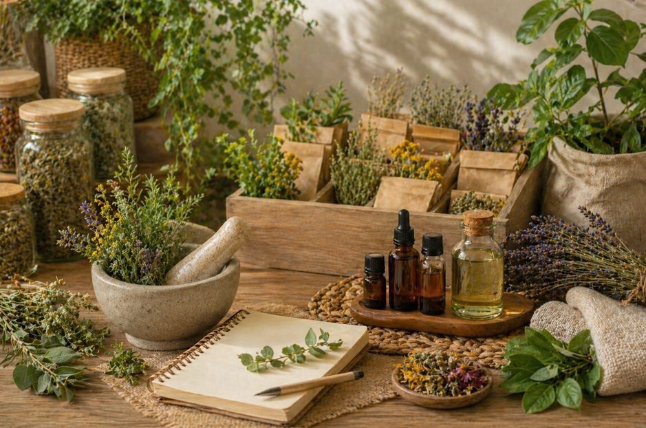 Hierbas y flores secas dispuestas con botellas y cuencos sobre una mesa rústica de madera.