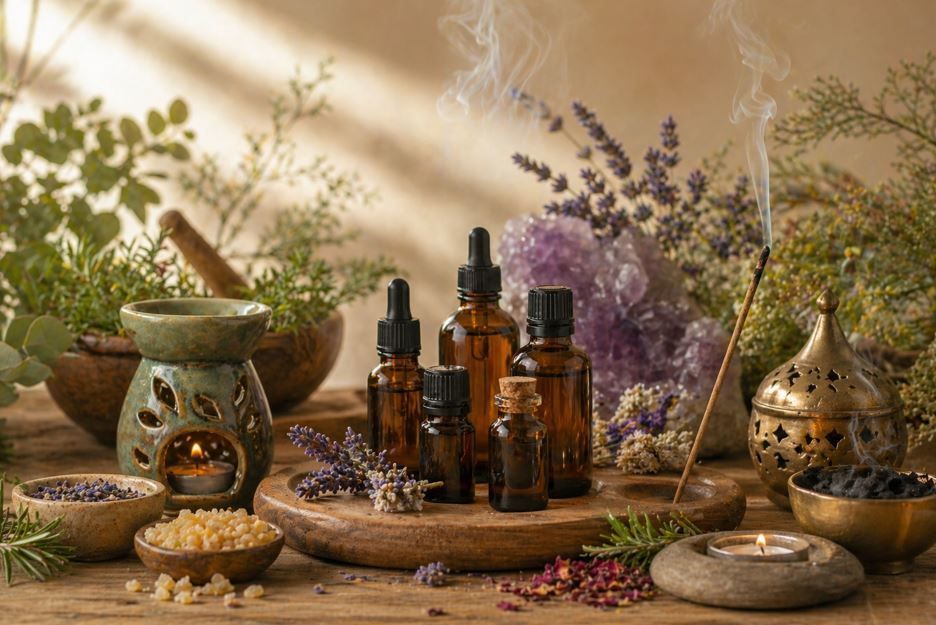 Frascos de aceites esenciales aromáticos y hierbas sobre una mesa rústica con flores y velas.
