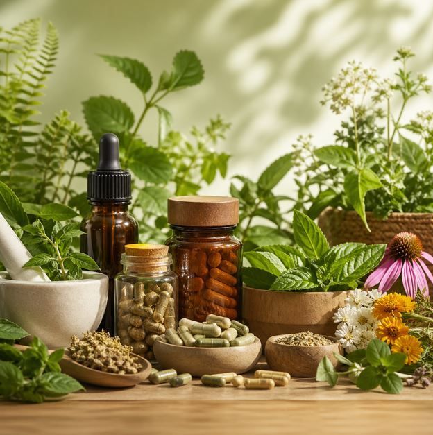 Remedios herbales y aceites esenciales dispuestos junto con plantas verdes frescas sobre una mesa rústica.