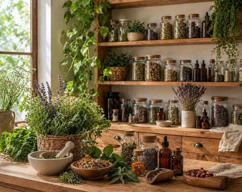 Cocina rústica llena de hierbas aromáticas, con frascos, flores secas y un mortero sobre una mesa de madera.