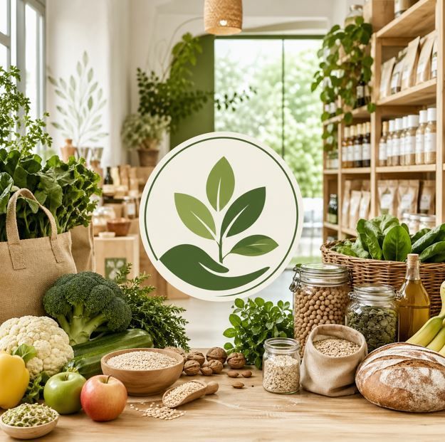 Exhibición de productos orgánicos con verduras frescas, cereales, pan y hierbas en una cocina luminosa.