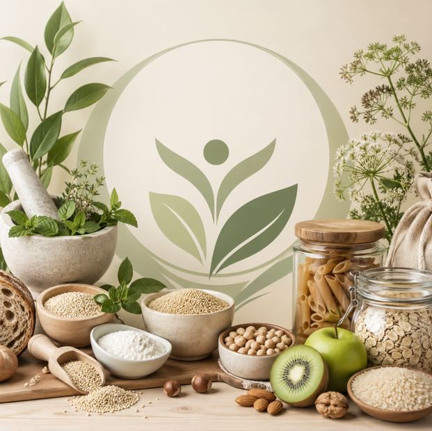 Naturaleza muerta de bienestar natural con plantas, granos, semillas, frascos y kiwi sobre un fondo beige.