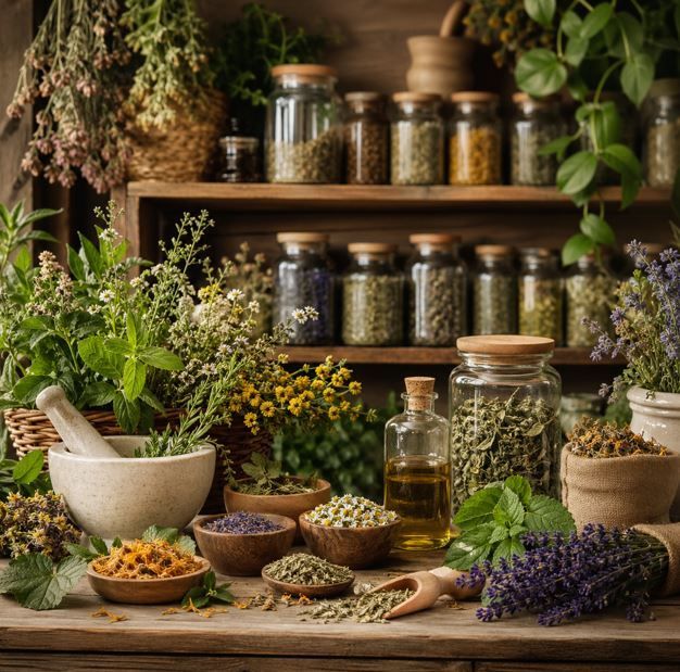 Exhibición de boticario de hierbas con frascos, plantas secas, mortero y maja, y flores moradas sobre una mesa rústica.