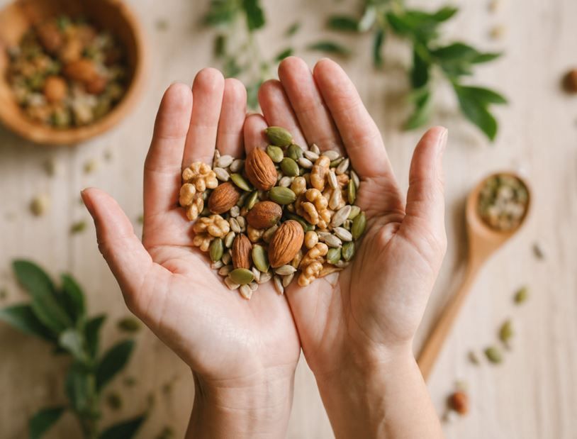 Naturaleza muerta de bienestar natural con aguacates, hierbas, frascos y un símbolo de salud ecológica con hojas.