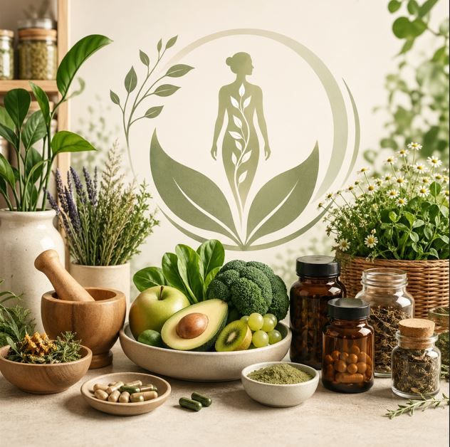 Naturaleza muerta de bienestar natural con aguacates, hierbas, frascos y un símbolo de salud ecológica con hojas.