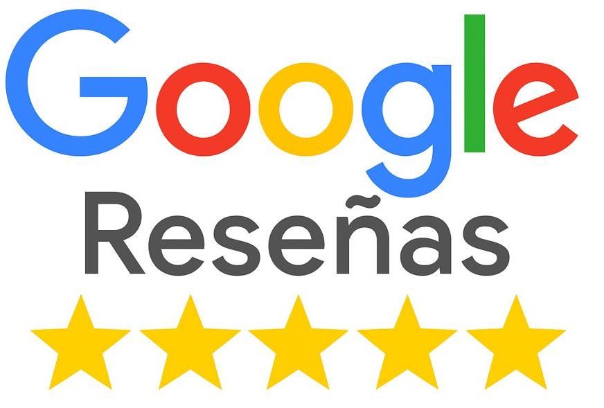 Logotipo de reseñas de Google con cinco estrellas amarillas sobre un fondo blanco.