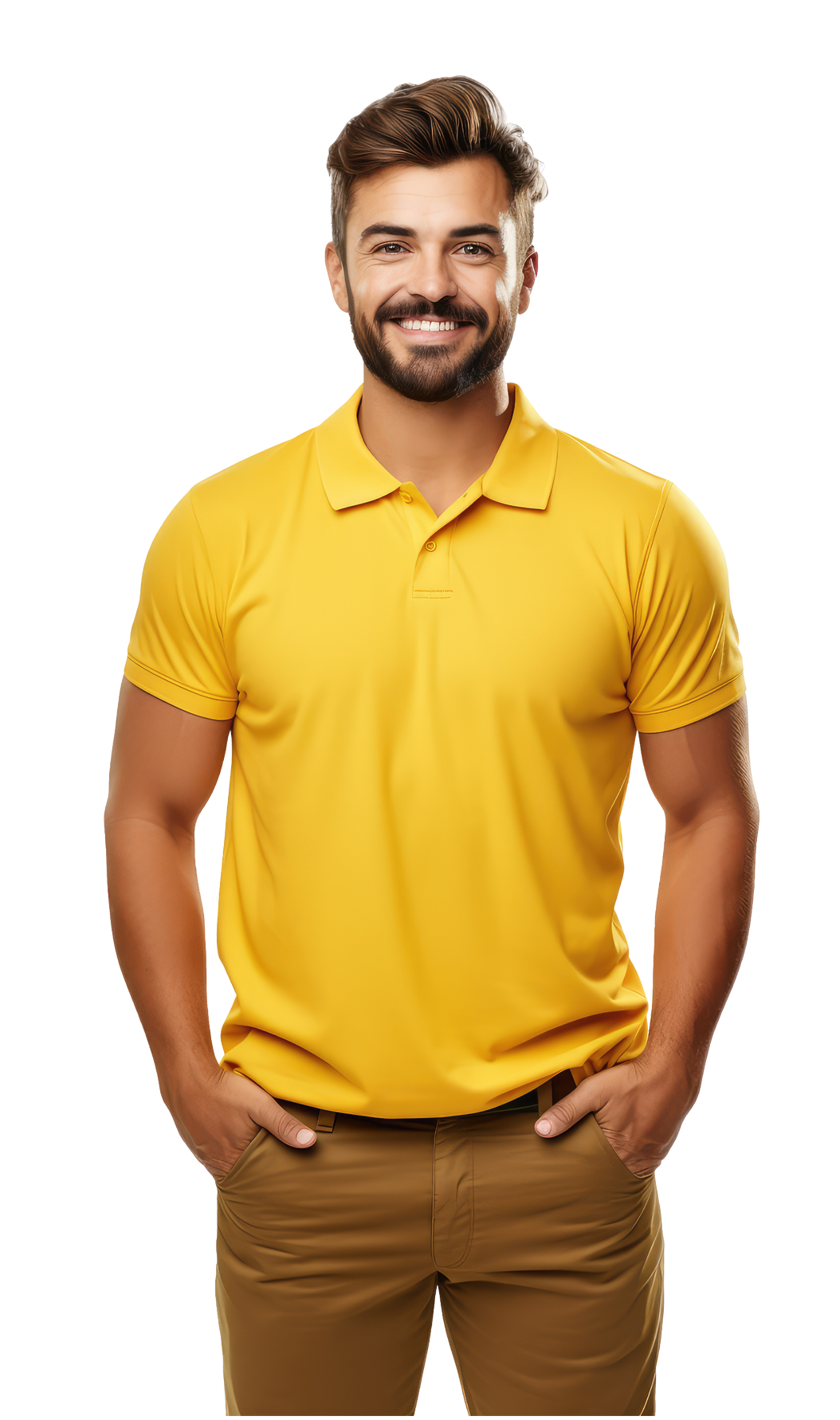 homme portant un polo jaune sur fond transparent