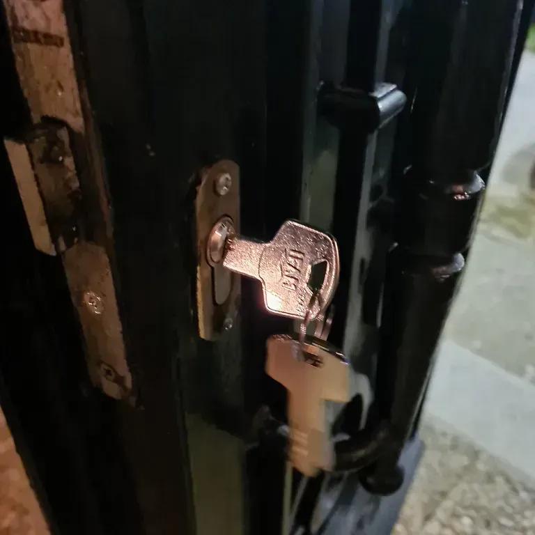 Un primer plano de una cerradura de puerta con una llave dentro.