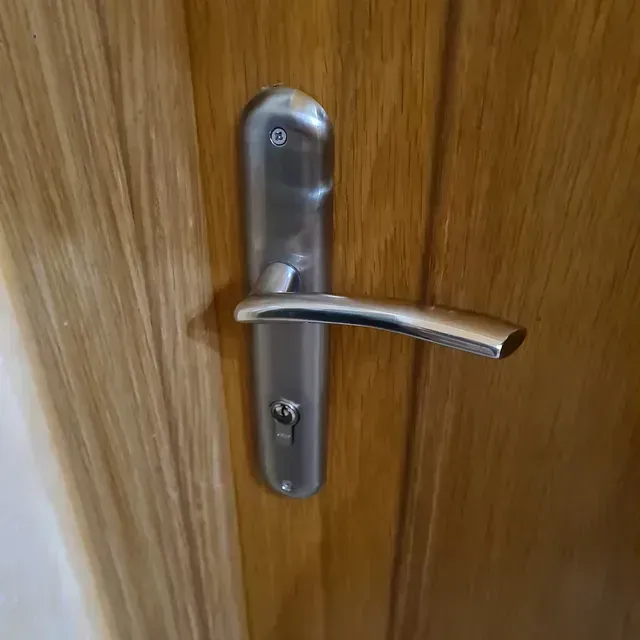 Un primer plano de una manija de puerta en una puerta de madera.