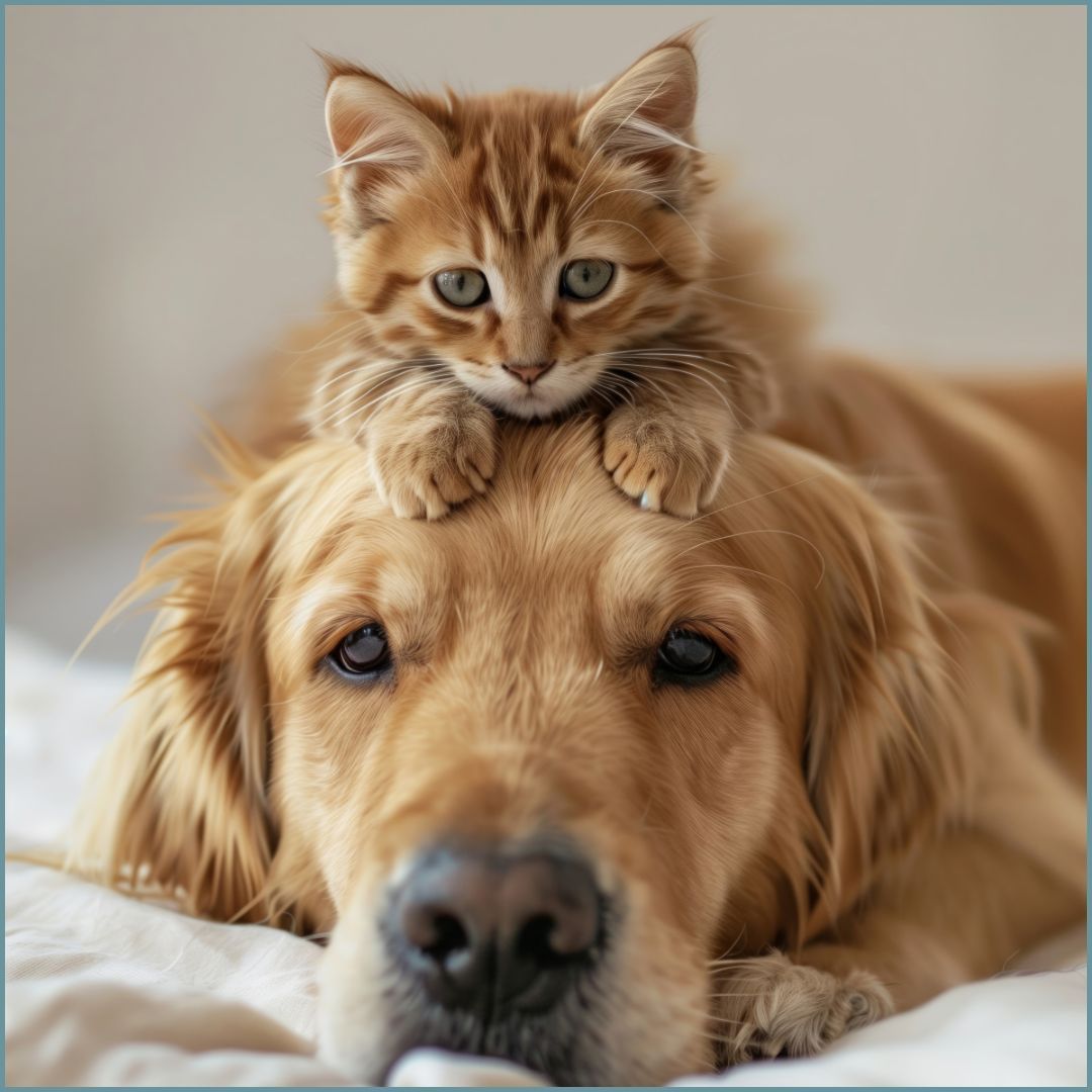 Un gattino arancione riposa sulla testa di un golden retriever. Entrambi gli animali hanno un'espressione dolce e sono adagiati su una superficie bianca.