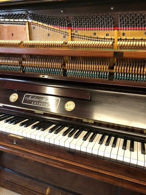 Innenansicht eines Klaviers mit Saiten, Hämmern und Tastatur. Braune Holzoberfläche. Das Namensschild „Steinberg“ ist sichtbar.
