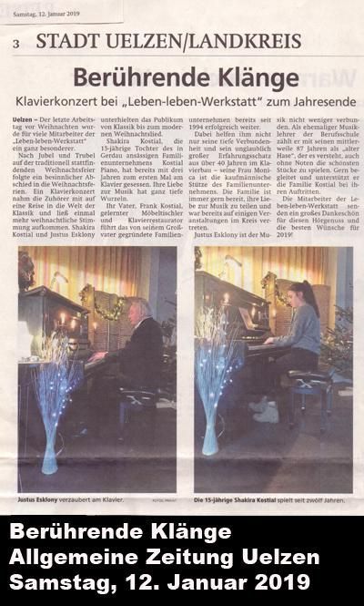Zeitungsausschnitt: Mann und Frau spielen Klavier bei einer Veranstaltung in Uelzen, Deutschland, 12. Januar 2019.