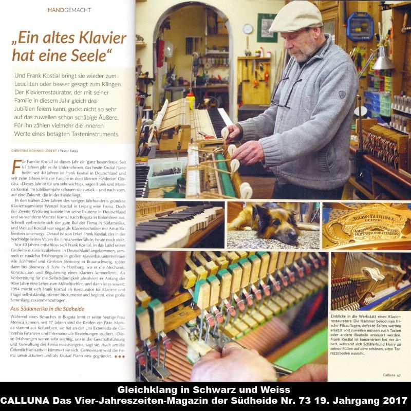 Mann repariert Klavier; Artikelüberschrift „Ein altes Klavier hat eine Seele“; mehrere Fotos von Klavierteilen und einem Hund.