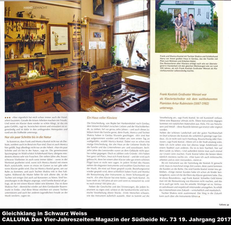 Eine Handwerkerwerkstatt mit Werkzeugen und eine Familie vor einem Haus. Text auf Deutsch.