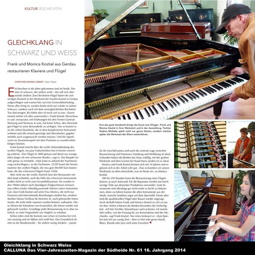 Mann begutachtet einen Flügel, Artikel über Klaviere mit Fotos von Klavierteilen und einer Person, die Klavier spielt.