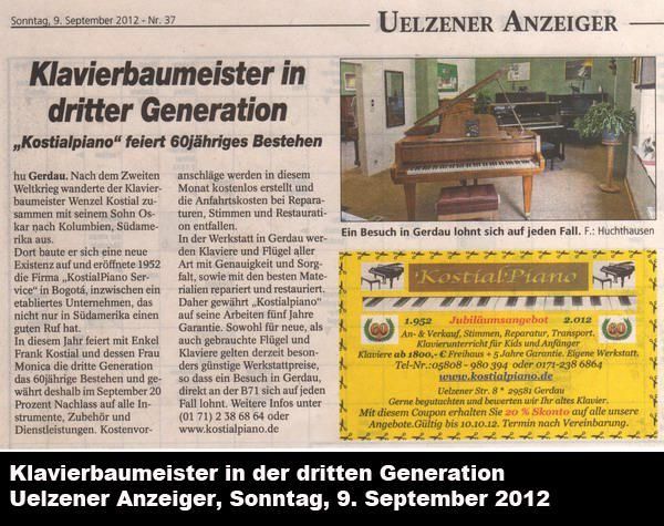 Zeitungsartikel: „Klavierbaumeister in dritter Generation“, mit einem Klavier, Logo und Text über das Klaviergeschäft.
