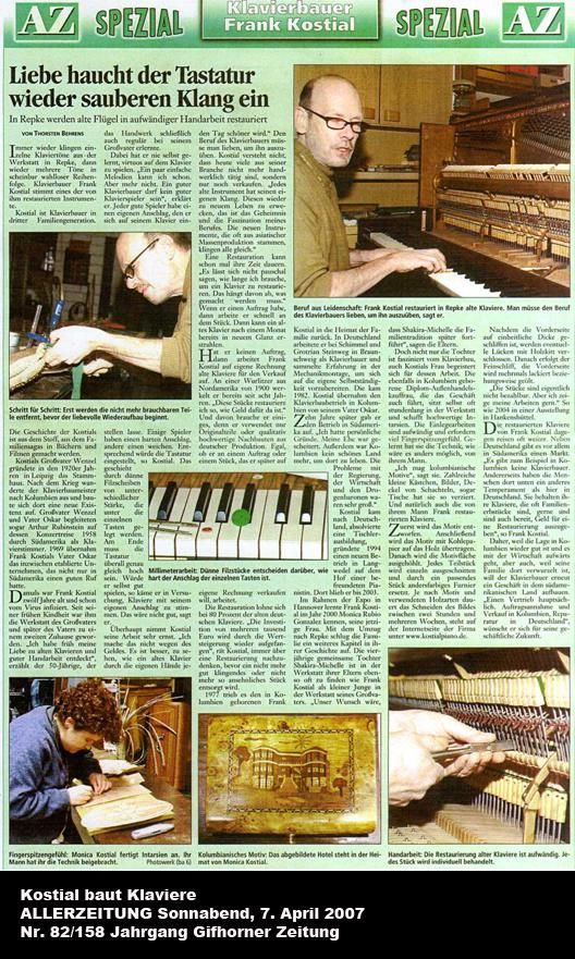 Zeitungsartikel über die Restaurierung eines Tasteninstruments. Fotos zeigen einen Mann, Tasten und Holzteile.