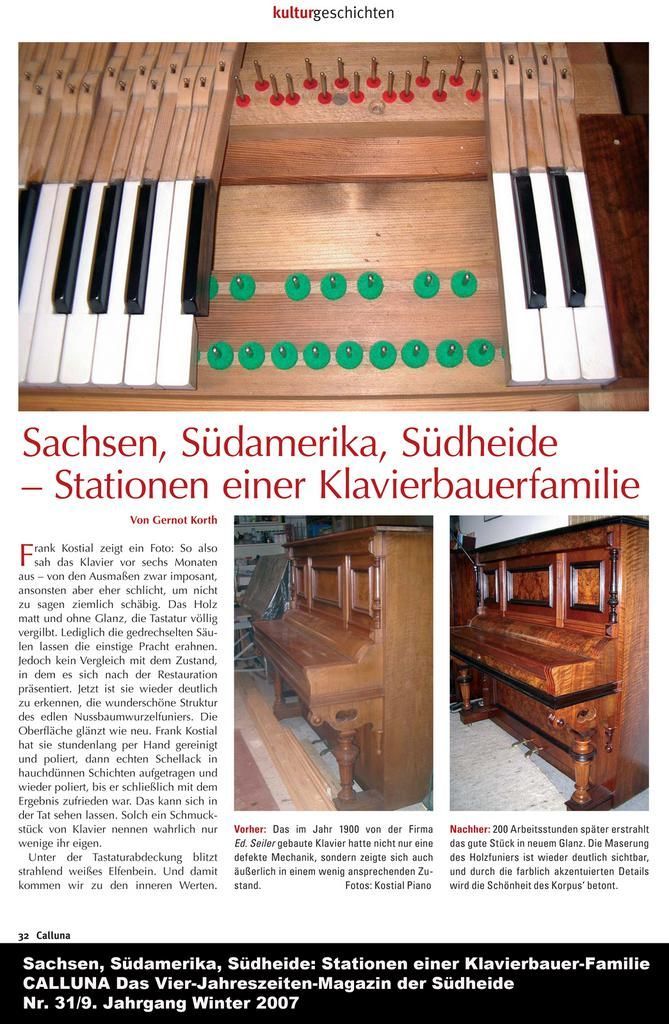 Nahaufnahme einer Klaviertastatur und Text. Darunter befinden sich zwei Abbildungen von Klavieren. Der Text handelt von einer Klavierbauerfamilie.