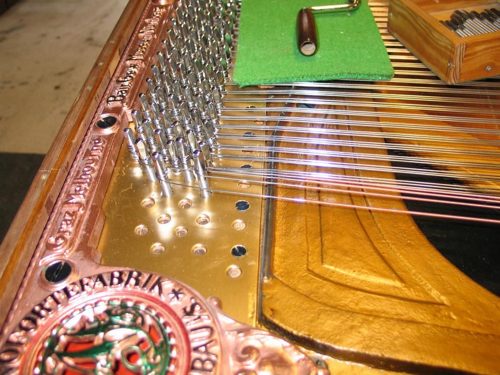 Nahaufnahme der Saiten, Wirbel und des reich verzierten Holzrahmens einer Zither mit Text. Akzente aus Kupfer und Gold.