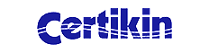Un logotipo azul de certikin sobre un fondo blanco.