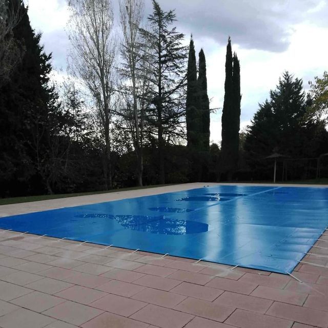 Una gran piscina azul con árboles al fondo.