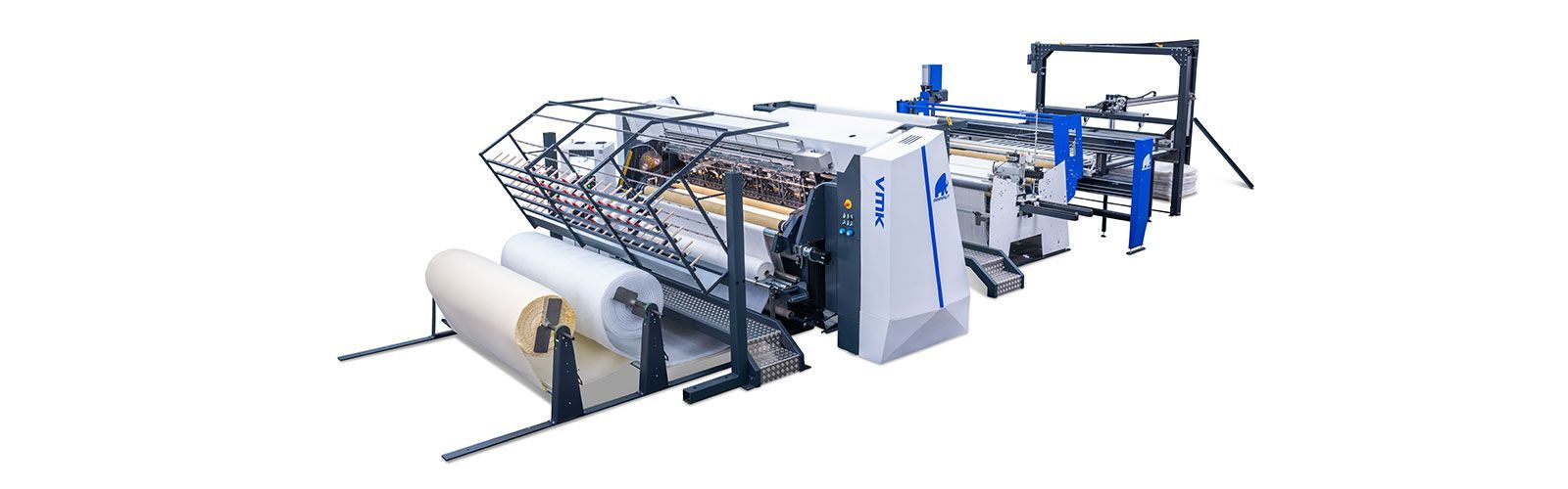 Eine blau-weiße Maschine steht auf einer weißen Fläche