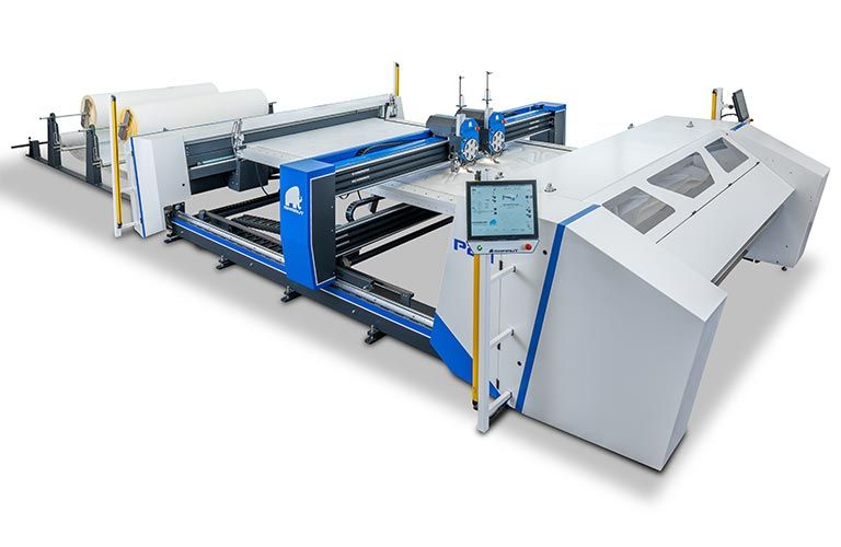 Eine blau-weiße Maschine mit einem Monitor darauf