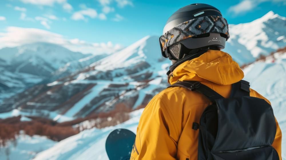 Skier with backpack, looking at snow-covered mountains, wearing helmet and yellow jacket.