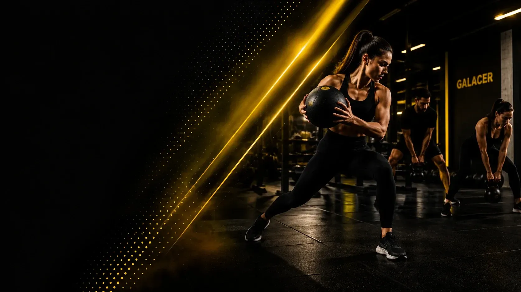 Dos personas boxeando en un gimnasio oscuro con haces de luz amarilla y un suelo reflectante.