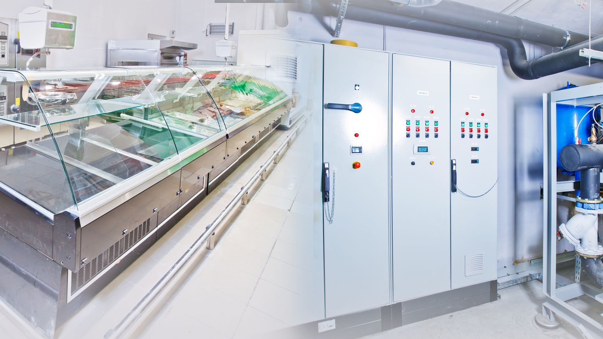 Vitrine refrigée vide à gauche et placard électrique à droite