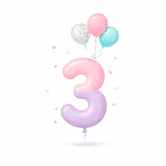Número 3 rosa pastel con globos y confeti sobre fondo blanco.