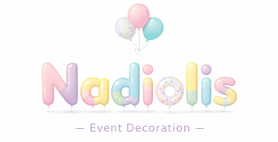 Logotipo de decoración de eventos "Nadialis" en tonos pastel con globos y subtítulo "Decoración de eventos".