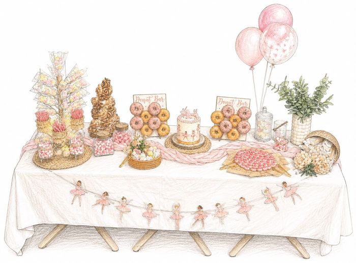 Mesa de postres rosa con pasteles, bollería, globos y decoraciones florales sobre un mantel blanco.