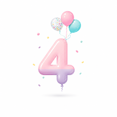 Globo rosa pastel con el número 4, globos pequeños y confeti sobre un fondo blanco.