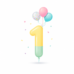 Vela colorida con el número 1, globos y confeti sobre un fondo blanco.