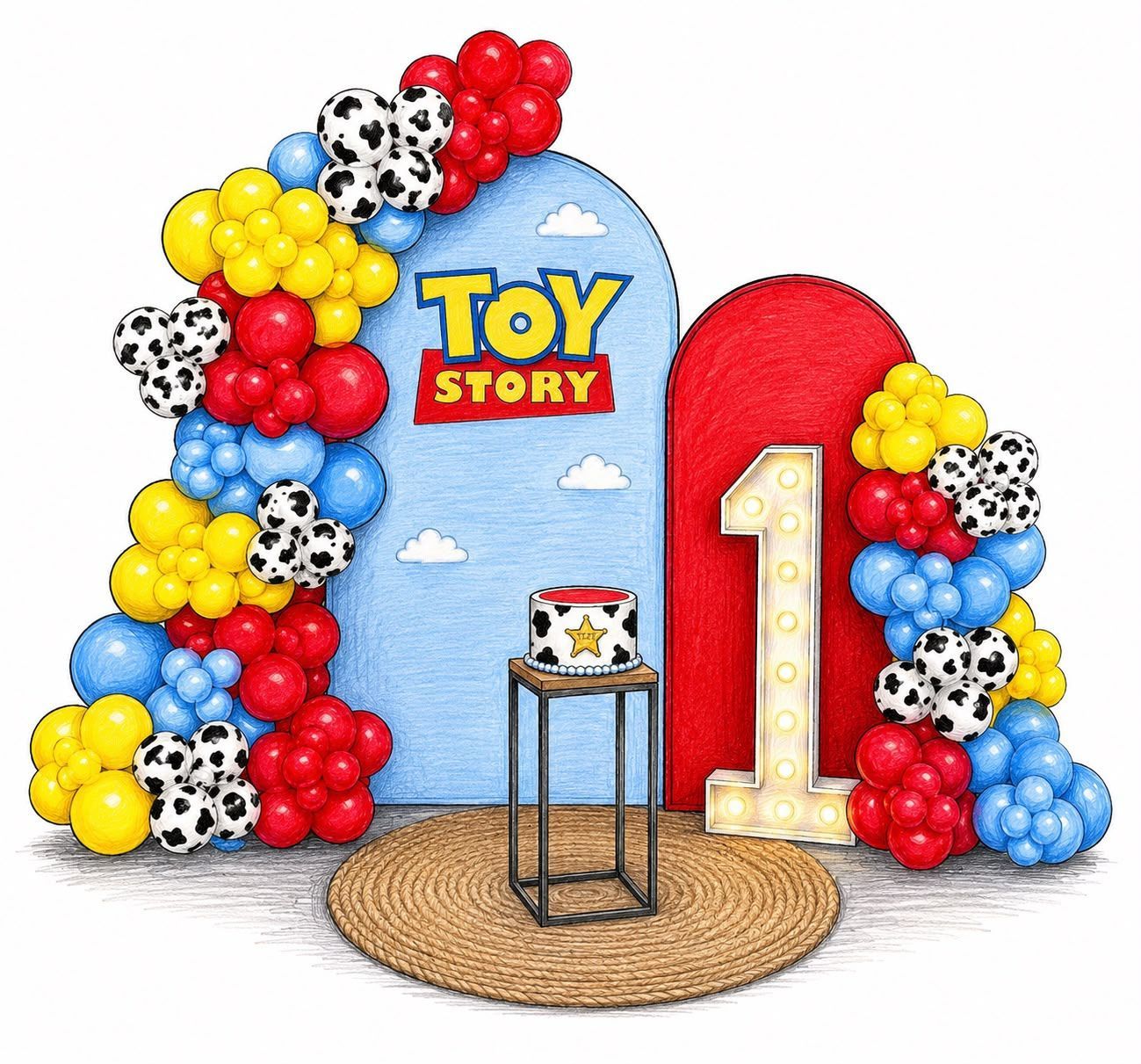 Exhibición de globos de Toy Story con globos rojos, azules, amarillos y con estampado de vaca y un gran número 1