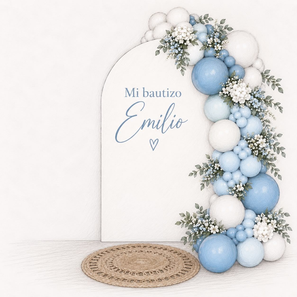 Bautizo de Emilio con decoración de globos azules y blancos, flores y alfombra de yute sobre fondo blanco