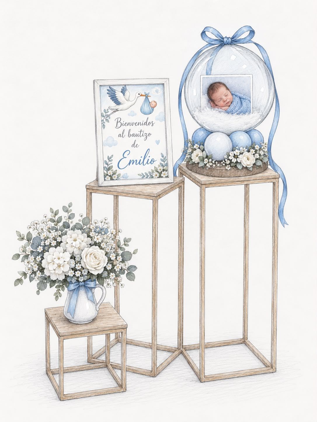 Expositor de regalo para bebé en tonos azul pastel con lámina de nacimiento enmarcada, foto del recién nacido, flores y soportes decorativos.