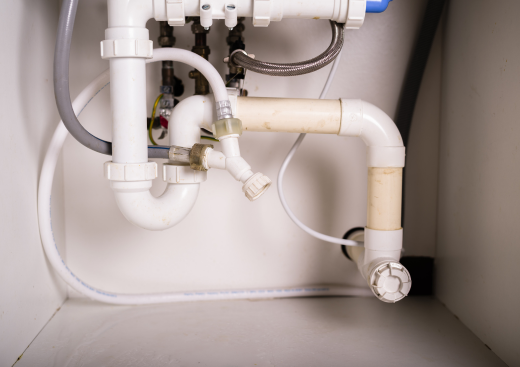 A kitchen sink with a lot of pipes underneath it.