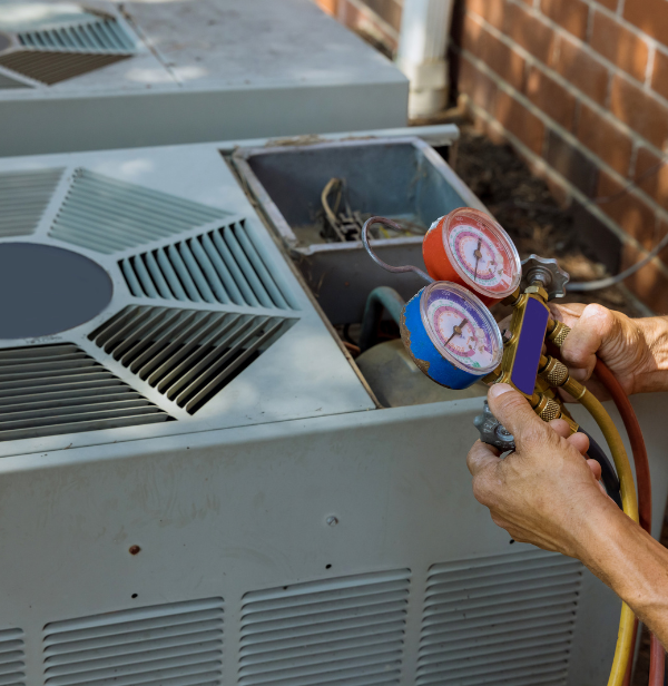 A person is working on an air conditioner with two gauges on it