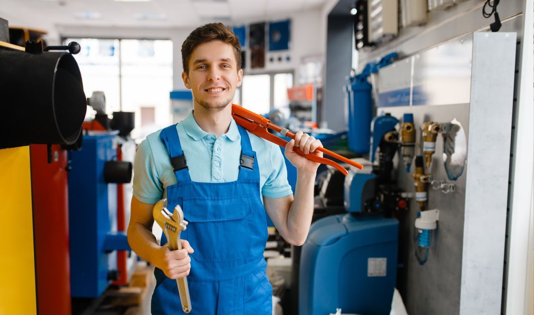 A man in overalls is holding a wrench and a pipe wrench.
